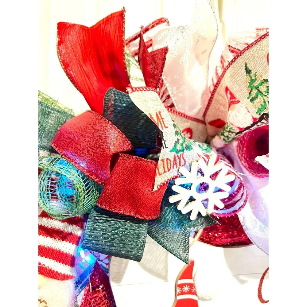 Handmade Christmas Gnome for the Holidays Ribbon Door Wreath 22 ins LED W36